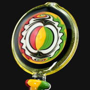 710 Pipes Smoke Shop Hedman Headies worked glass rig with red, yellow, green, and white swirls. Features a 10mm down-stem.