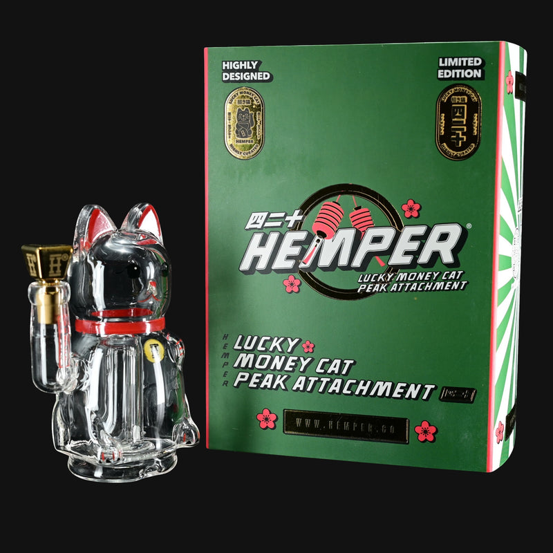 710 Pipes Smoke Shop Hemper Lucky Money Cat glass Puffco Peak attachment with red accents and gold fitting.