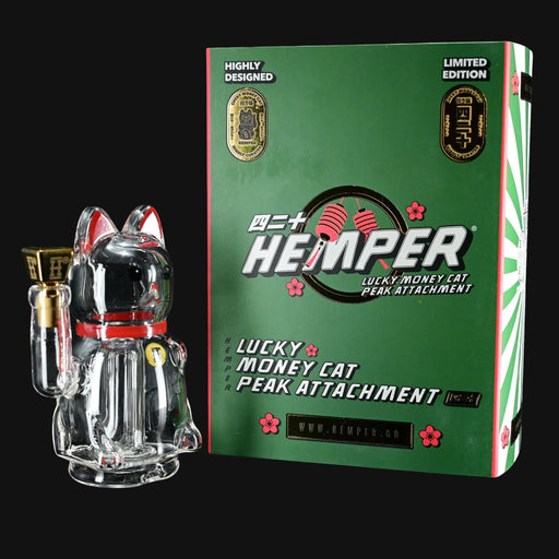710 Pipes Smoke Shop Hemper Lucky Money Cat glass Puffco Peak attachment with red accents and gold fitting.