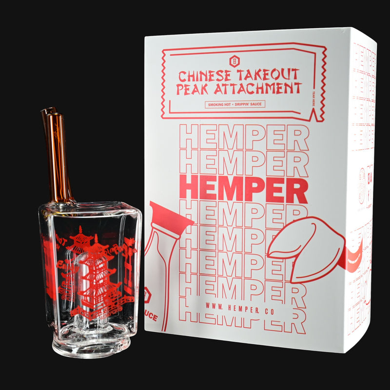 710 Pipes Smoke Shop Hemper Puffco Peak Attachment with Chinese takeout design and copper mouthpiece.