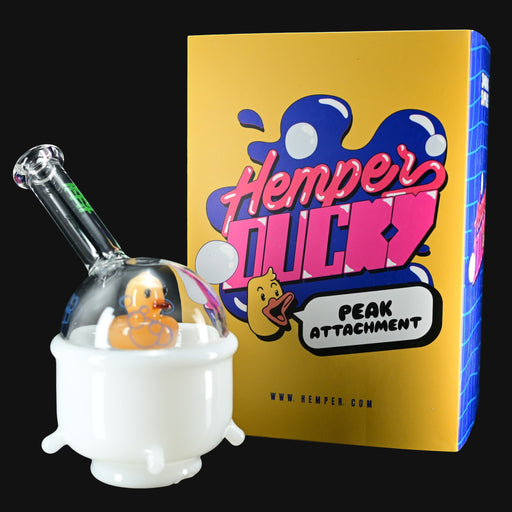 710 Pipes Smoke Shop Hemper Puffco Peak attachment with a white base and a clear dome containing a yellow rubber ducky.