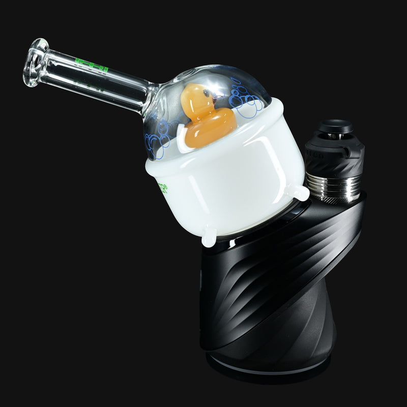 710 Pipes Smoke Shop Hemper Puffco Peak Top with a rubber ducky in a bathtub design. Clear glass with blue bubbles.