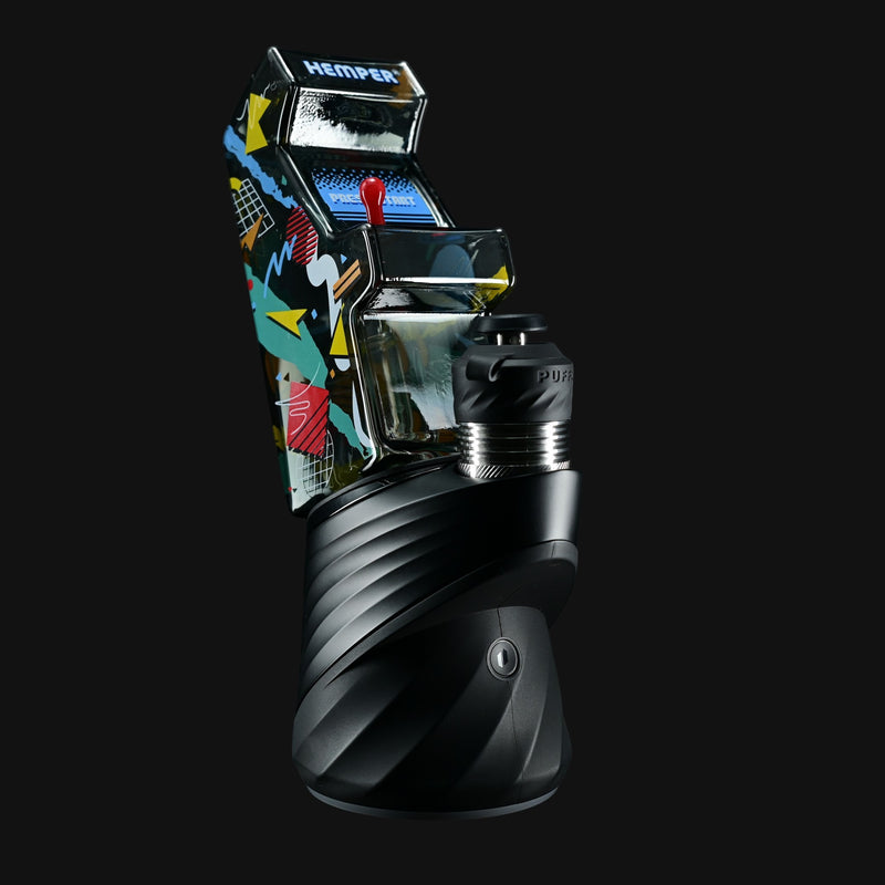 710 Pipes Smoke Shop Hemper Puffco Peak Top with a retro arcade game design and colorful abstract graphics.