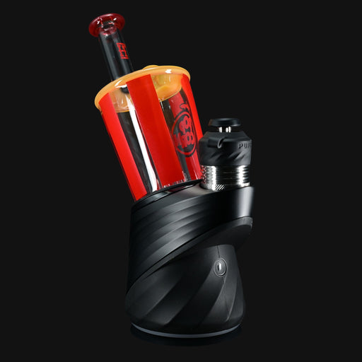 710 Pipes Smoke Shop Hemper Puffco Peak Top with red and yellow popcorn design and glass mouthpiece.