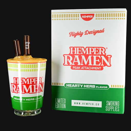 710 Pipes Smoke Shop Hemper Ramen Peak Attachment glass dab rig accessory designed like a ramen cup. White, green, and red.