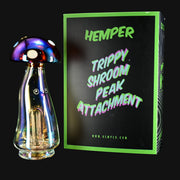 710 Pipes Smoke Shop Hemper Trippy Shroom Puffco Peak attachment made of iridescent glass with white spots on the mushroom cap.