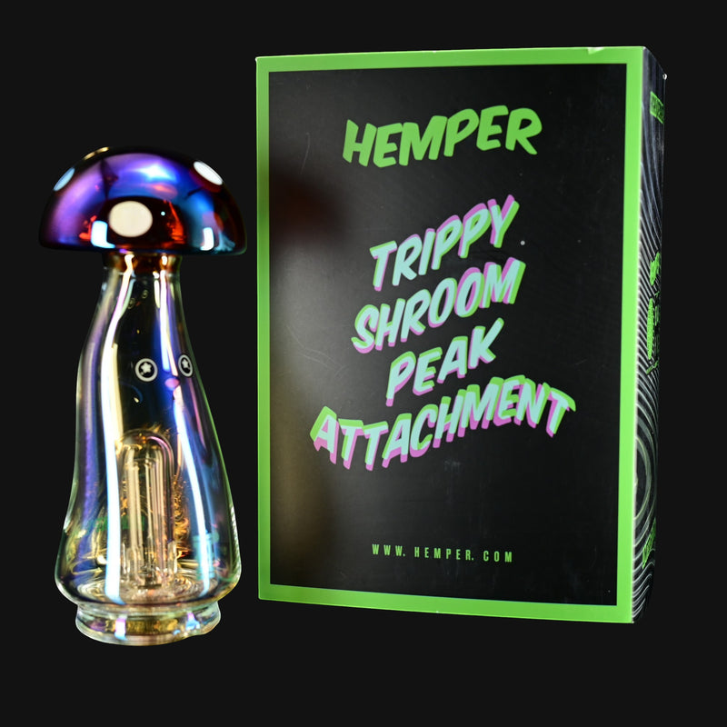 710 Pipes Smoke Shop Hemper Trippy Shroom Puffco Peak attachment made of iridescent glass with white spots on the mushroom cap.