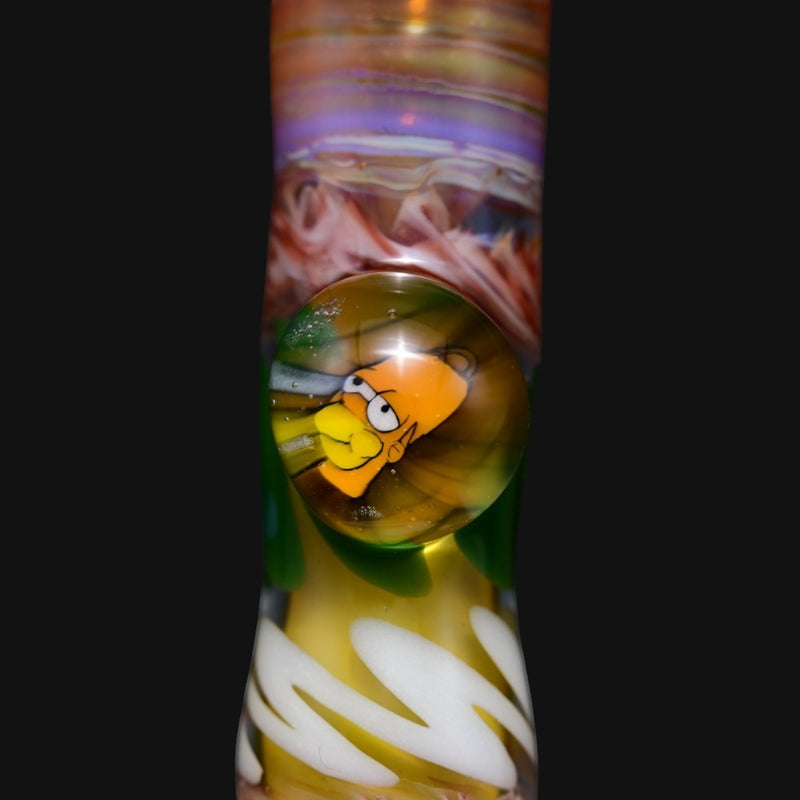 710 Pipes Smoke Shop Matty White Carnival glass one hitter pipe featuring a detailed Homer Simpson character marble