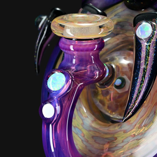 710 Pipes Smoke Shop intricate glass hookah rig with purple accents, opals, and dichro details.