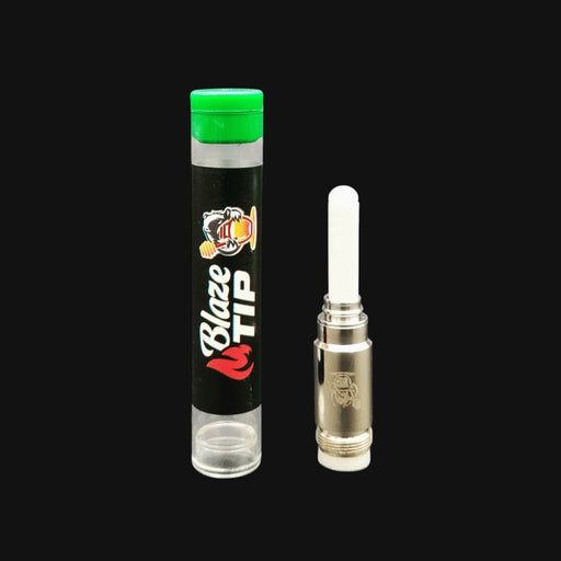 710 Pipes Smoke Shop Huni Badger Blaze Tip ceramic heating wand next to its protective clear storage tube.
