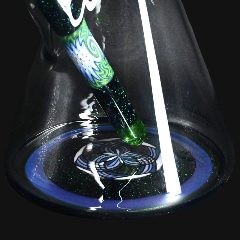 710 Pipes Smoke Shop Illadelph custom beaker base with green and purple wigwag glass art and glitter accents