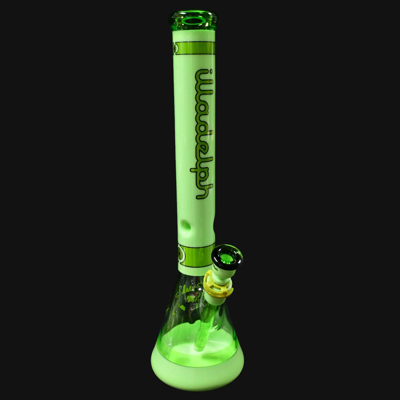 710 Pipes Smoke Shop Illadelph Premium Signature Beaker in milky green glass with a beaker base and logo.