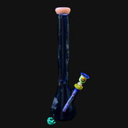 710 Pipes Smoke Shop Illadelph Premium Signature Beaker bong, deep blue glass with palm tree etching and pink mouthpiece.
