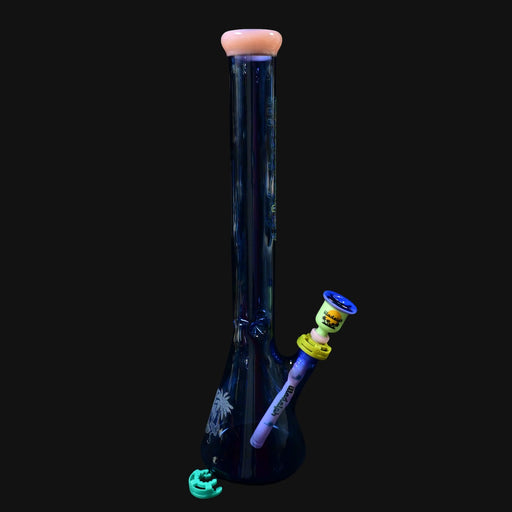 710 Pipes Smoke Shop Illadelph Premium Signature Beaker bong, deep blue glass with palm tree etching and pink mouthpiece.