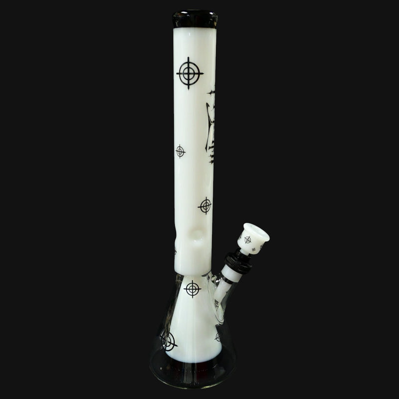 710 Pipes Smoke Shop Illadelph Collins Beaker - White Killa, a white glass beaker bong with black target graphics and a black mouthpiece.