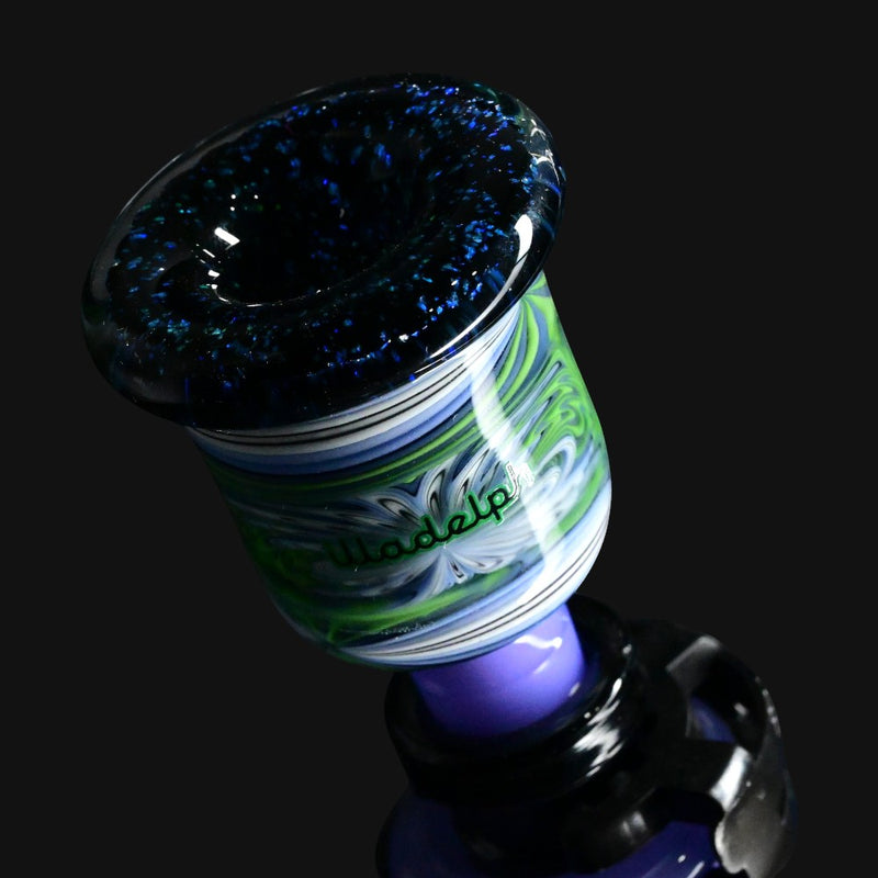 710 Pipes Smoke Shop Illadelph custom glass beaker bowl piece with green and purple wigwag patterns