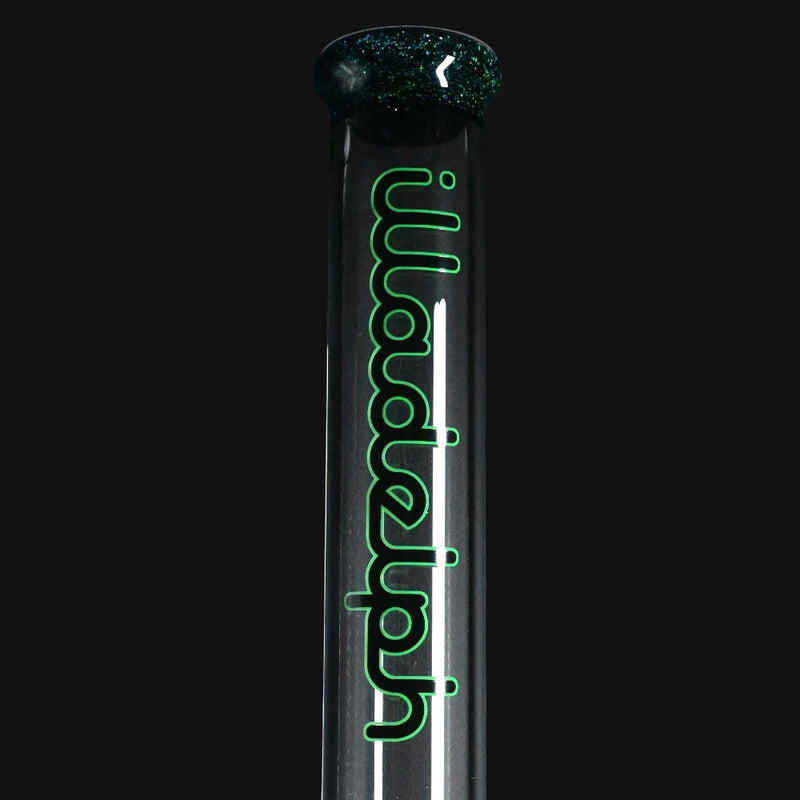 710 Pipes Smoke Shop Illadelph custom beaker glass tube with green logo and glittery purple mouthpiece