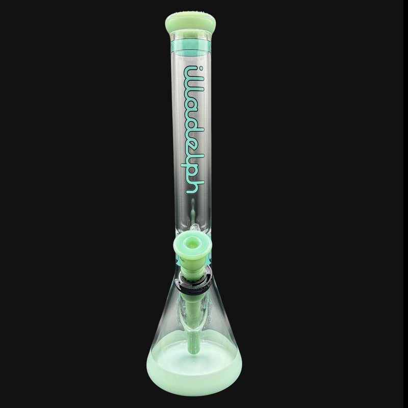 710 Pipes Smoke Shop Illadelph Heavy Hit Hybrid glass bong in aqua and clear with a beaker base.