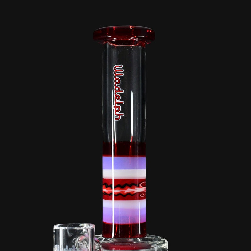 710 Pipes Smoke Shop Illadelph Custom Klein dab rig with red, white, and purple wigwag glass accents. Clear chamber.