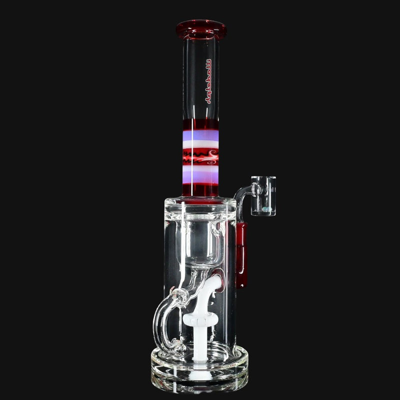 710 Pipes Smoke Shop Illadelph Custom Klein dab rig with red, white, and purple wigwag accents. Clear glass chamber.