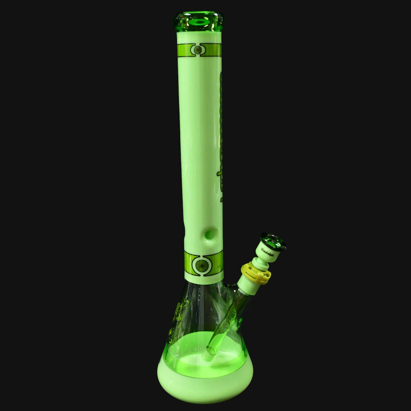 710 Pipes Smoke Shop Illadelph Premium Signature Beaker in milky green glass with clear base and green accents.