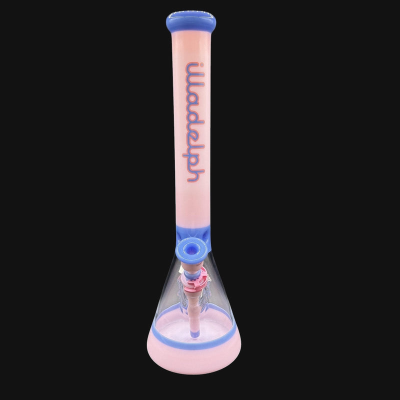 710 Pipes Smoke Shop Illadelph Premium Beaker in cotton candy pink and blue with Illadelph logo.