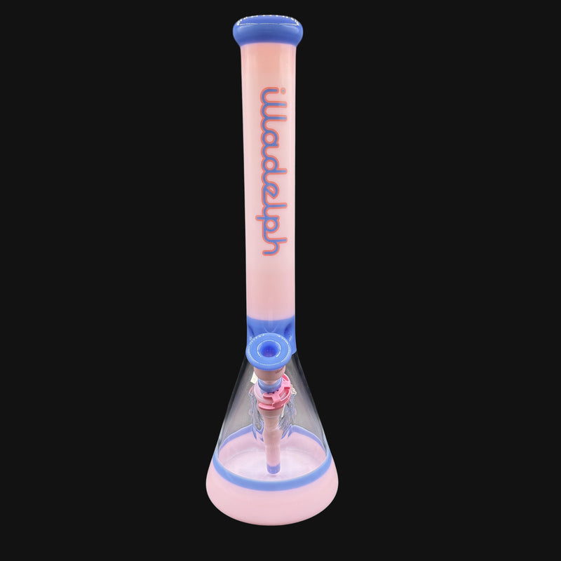 710 Pipes Smoke Shop Illadelph Premium Beaker in cotton candy pink and blue with Illadelph logo.