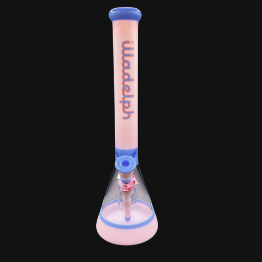 710 Pipes Smoke Shop Illadelph Premium Beaker in cotton candy pink and blue with Illadelph logo.