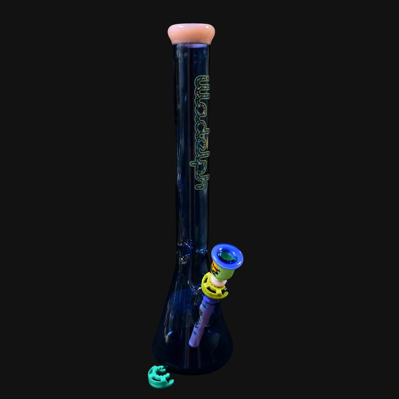 710 Pipes Smoke Shop Illadelph Premium Signature Beaker bong, deep blue glass with a peach colored mouthpiece and neon green logo.