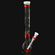 710 Pipes Smoke Shop Illadelph Signature Series Beaker bong with red accents and white mouthpiece. Clear glass with red grid design.