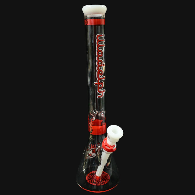 710 Pipes Smoke Shop Illadelph Signature Series Beaker - Red glass water pipe with white accents and red logo.