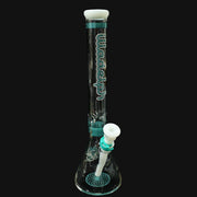 710 Pipes Smoke Shop Illadelph Signature Series teal beaker glass bong with white accents and a small defect on the label.