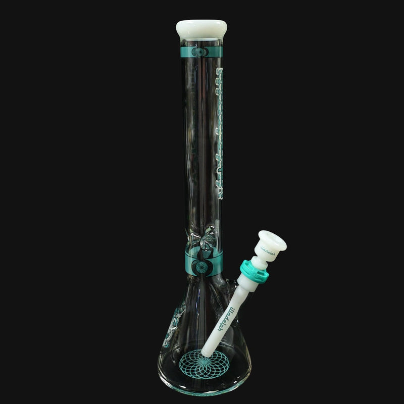 710 Pipes Smoke Shop Illadelph Signature Series teal beaker glass bong with white accents and a small defect on the label.
