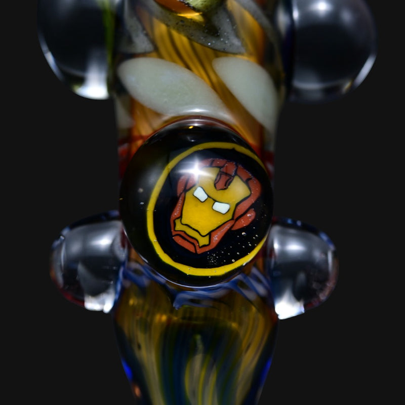 710 Pipes Smoke Shop Matty White glass one hitter pipe featuring a detailed Iron Man character marble design