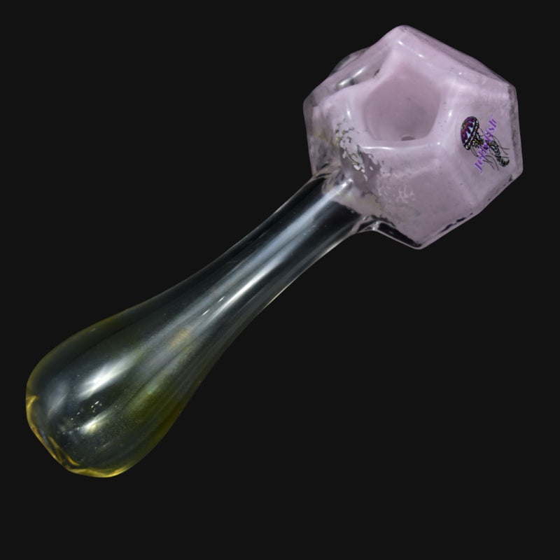 710 Pipes Smoke Shop jellyfish glass spoon pipe featuring a dodecagon bowl in soft lavender with a clear yellow stem.