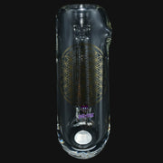 710 Pipes Smoke Shop clear glass bubbler featuring a gold sacred geometry flower of life pattern and jellyfish decal.