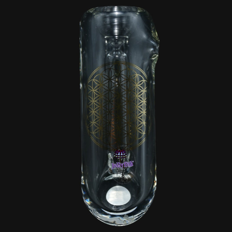 710 Pipes Smoke Shop clear glass bubbler featuring a gold sacred geometry flower of life pattern and jellyfish decal.