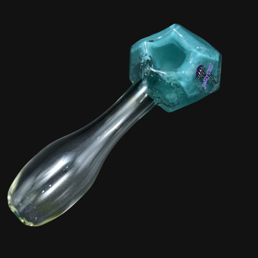710 Pipes Smoke Shop Jellyfish glass dodecagon spoon pipe in teal with a clear glass stem and branded logo