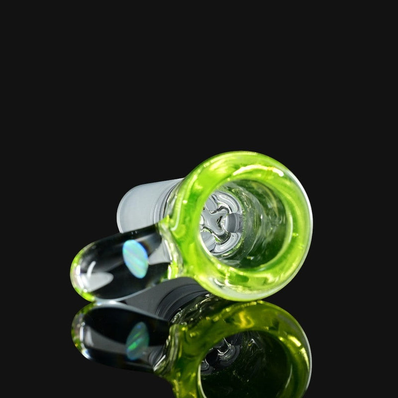 710 Pipes Smoke Shop Joel Halen Illuminati glass bowl piece with a vibrant green rim and an embedded opal accent.