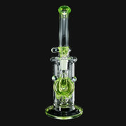 710 Pipes Smoke Shop Joel Halen Illuminati glass dab rig with neon green accents and intricate percolator design.