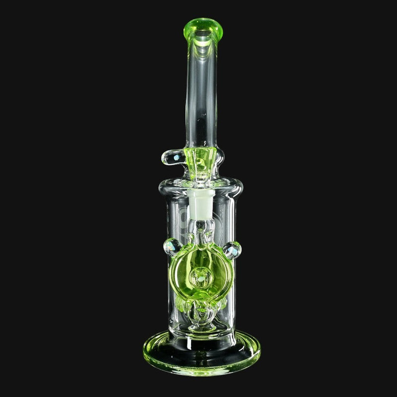 710 Pipes Smoke Shop Joel Halen Illuminati glass dab rig with neon green accents and intricate percolator design.