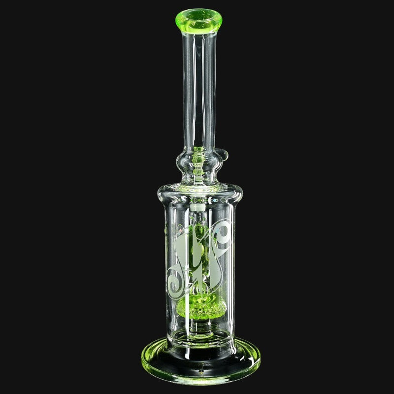 710 Pipes Smoke Shop Joel Halen Illuminati glass dab rig with neon green accents and etched logo on black background