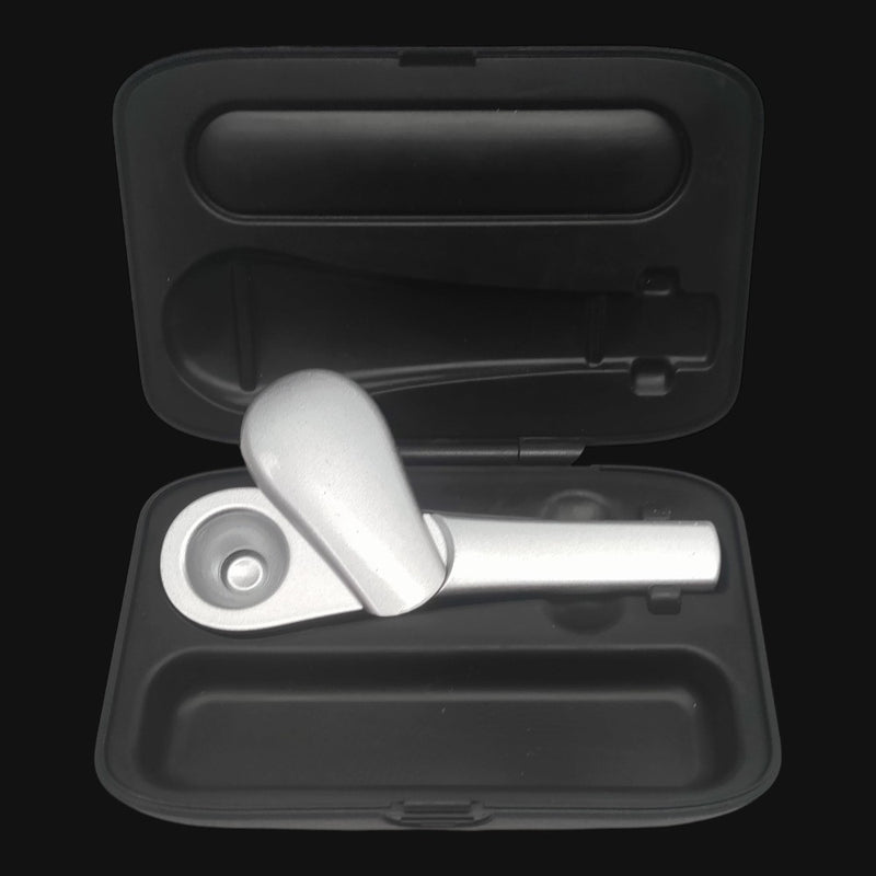 710 Pipes Smoke Shop Journey Pipe J2 in silver metal with a black protective carrying case
