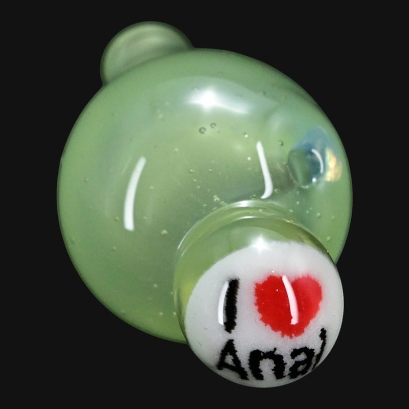 710 Pipes Smoke Shop JuneBug bubble cap in light green glass with a custom graphic text and heart design