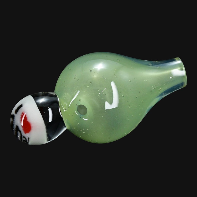 710 Pipes Smoke Shop JuneBug Profane bubble cap featuring a translucent green glass body and a decorative glass bead.