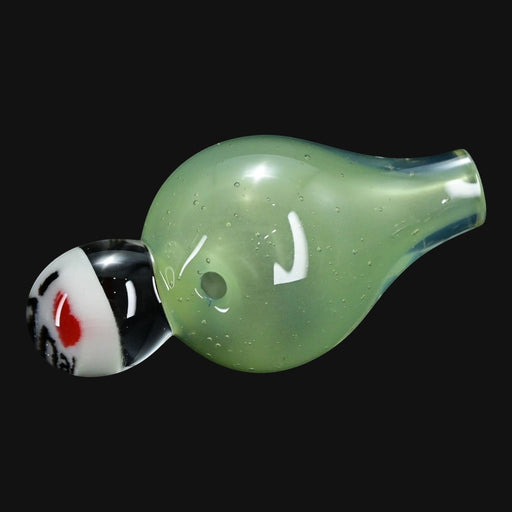 710 Pipes Smoke Shop JuneBug Profane bubble cap featuring a translucent green glass body and a decorative glass bead.