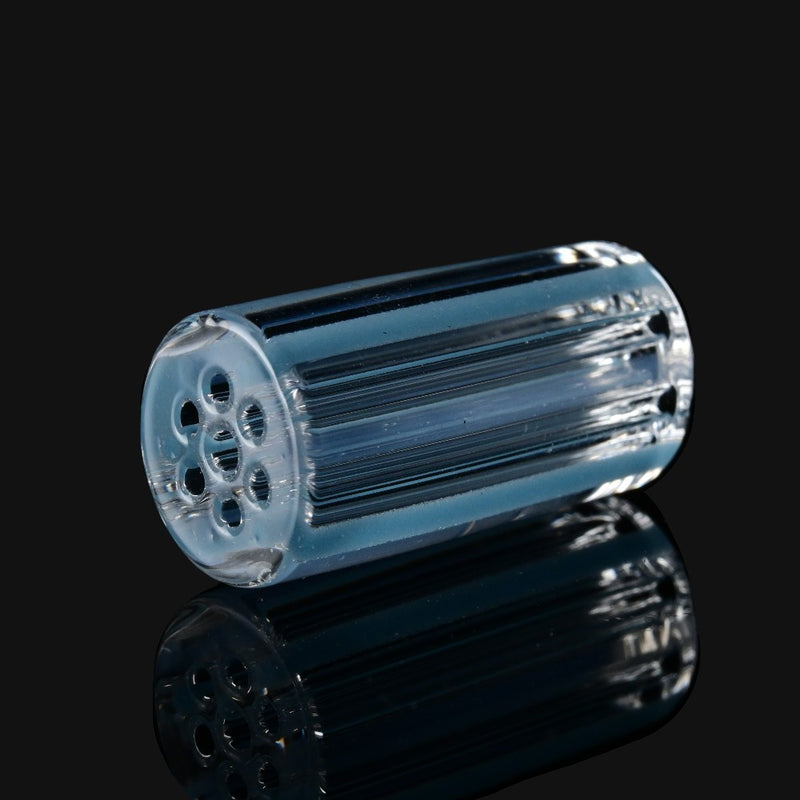 710 Pipes Smoke Shop Kadabra blue glass filter tip with a multi-hole airflow design on a black reflective surface.