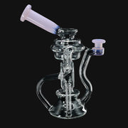 Kadabra Bubble Bhomber glass recycler rig with pink accents, 8 inches tall, sold at 710 Pipes Smoke Shop.