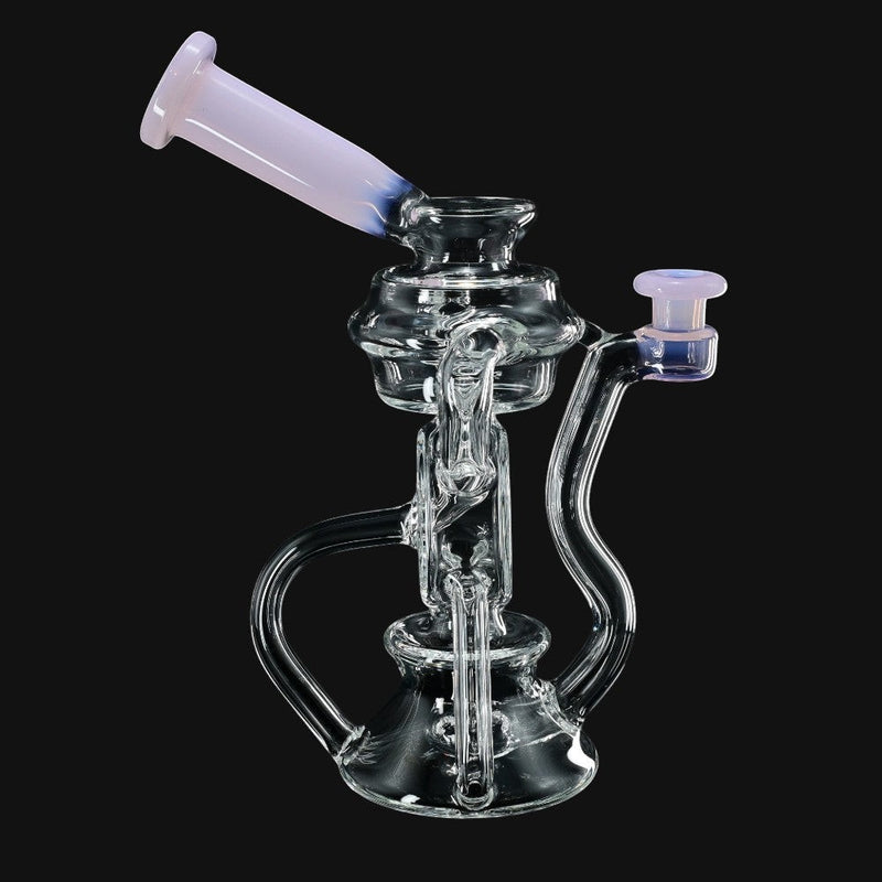 Kadabra Bubble Bhomber glass recycler rig with pink accents, 8 inches tall, sold at 710 Pipes Smoke Shop.