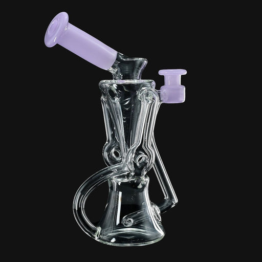 710 Pipes Smoke Shop Kadabra 6-inch glass doughnut recycler rig with clear and pink accents.